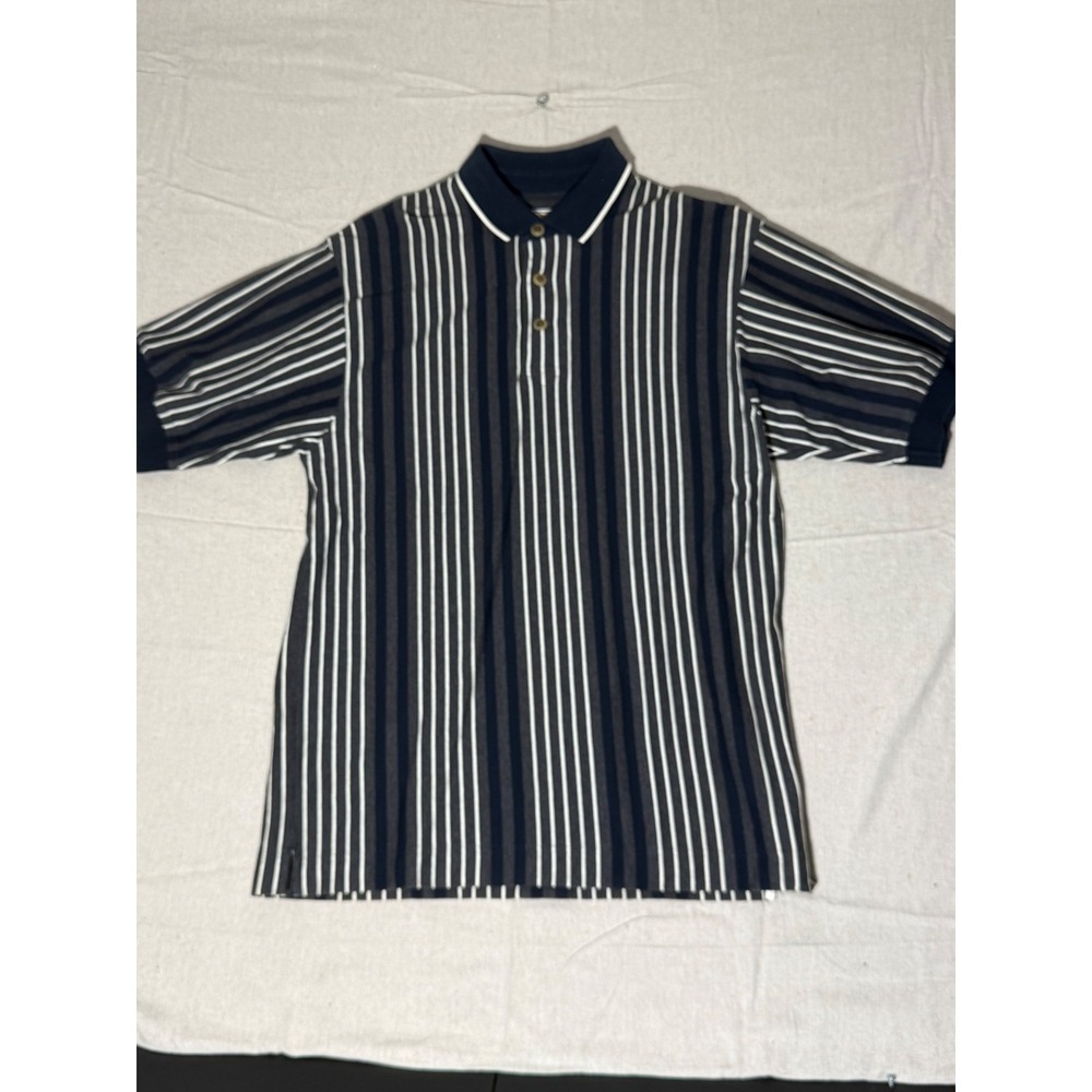 Cutter & Buck Mens Large Polo Shirt Blue Grey Striped Short Sleeve Cotton